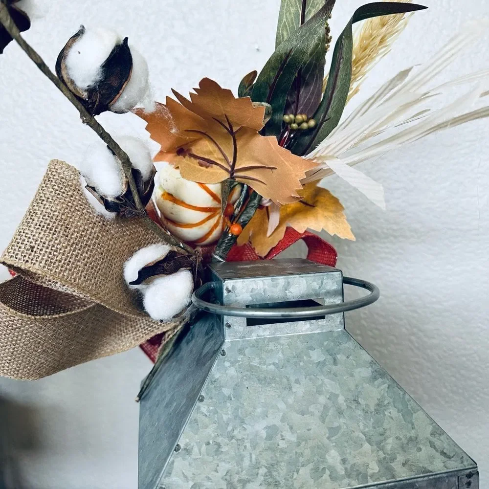 Fall Autumn Galvanized Metal Farmhouse Lantern Burlap Floral Decor